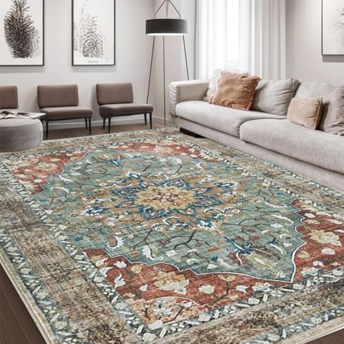ENEN Teppich Wohnzimmer Waschbare Weich Kurzflor rutschfest Bodenmatte Traditionelles Persisches Blumenmuster Groß Teppiche für Schlafzimmer, Esszimmer, Büro, Bereich Dekor (Farbe 3,100x150cm) von ENEN