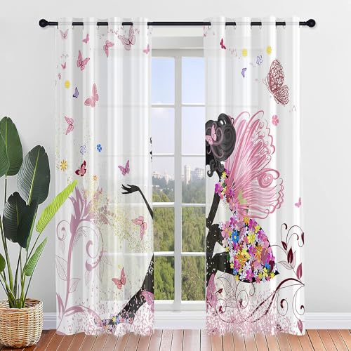 ENEN Vorhänge Wohnzimmer, Gardinen mit Ösen, Halbtransparent Gardinen Wohnzimmer, Schlaufenschal 2er Set für Kleine Fenster Küche Wohnzimmer Landhaus (140x244cm,Schmetterling Elf) von ENEN