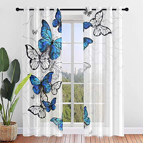 ENEN Vorhänge Wohnzimmer, Gardinen mit Ösen Halbtransparent Schmetterling Druck Gardinen Wohnzimmer, Schlaufenschal 2er Set für Kleine Fenster Küche Wohnzimmer Landhaus (80x115cm,Blau) von ENEN