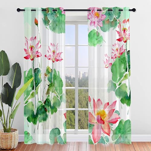 ENEN Vorhänge Wohnzimmer, Lotusblume 3D 2er Set Gardinen mit Ösen Halbtransparent Gardinen Wohnzimmer Schlaufenschal für Kleine Fenster Küche Wohnzimmer Landhaus (55x95cm,Hellgrün) von ENEN