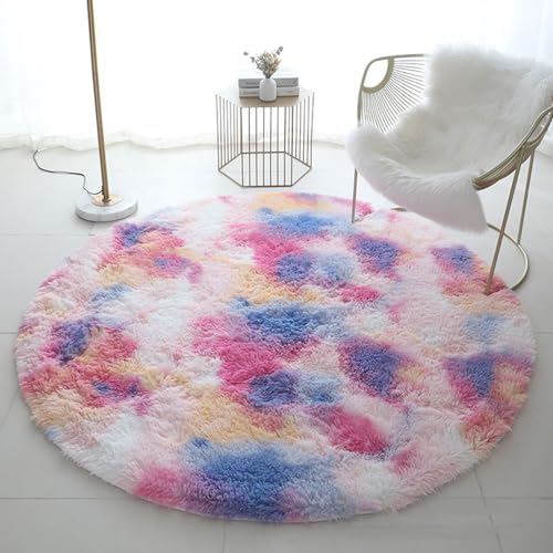 ENEN Wohnzimmer Teppich Plüsch Teppich Weicher Schlafzimmer Kurzflor Teppich Kreis Flauschig Wohnzimmerteppich Waschbarer Teppich Anti-Rutsch Unterseite (120CM,Regenbogen 3) von ENEN