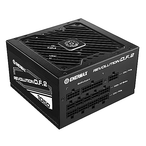 ENERMAX Revolution D.F. 2 ATX Compact Gaming&Streaming PC Netzteil 1050W 80Plus Gold (Semi-Modular, Flachbandkabel, Semi-Fanless), ERS1050EWT, schwarz von ENERMAX