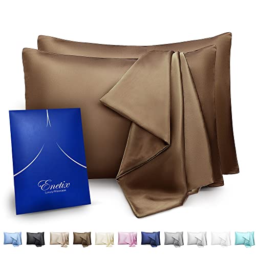 ENETIX Luxuriöser Seidensatin-Kissenbezug für Haar und Haut, 2 Stück mit Geschenkpaket, Akne-frei, versteckter Reißverschluss Kissenbezug, 50 × 75 cm, Coffee Brown von ENETIX