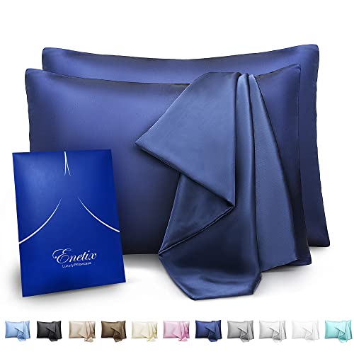 ENETIX Luxuriöser Seidensatin-Kissenbezug für Haar und Haut, 2 Stück mit Geschenkpaket, Akne-frei, versteckter Reißverschluss Kissenbezug, 50 × 75 cm, Marineblau von ENETIX