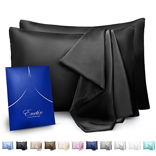 ENETIX Luxuriöser Seidensatin-Kissenbezug für Haar und Haut, 2 Stück mit Geschenkpaket, Akne-frei, versteckter Reißverschluss Kissenbezug, 50 × 75 cm, Schwarz von ENETIX