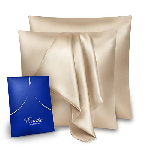 ENETIX Quadratischer Luxus-Kissenbezug aus Seidensatin für Haare und Haut, 2er-Pack mit Geschenkpaket, aknefreier, quadratischer Kissenbezug mit verdecktem Reißverschluss (Champagner Gold, 40 × 40 cm) von ENETIX