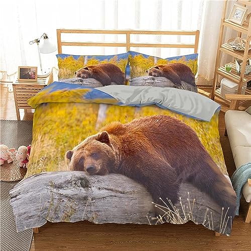 ENFETE Bettwäsche 140x200 Bär Bettwäsche-Sets Tier 3D Druck Bettbezug Herbst Weiche Mikrofaser 3 Teilig Bettbezüge mit Reißverschluss und 2 Kissenbezug 80x80cm von ENFETE