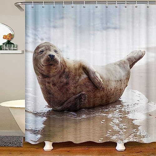 ENFETE Duschvorhang 120x200cm Seelöwe Duschvorhang Antischimmel Wasserdicht Tiere Shower Curtains Geeignet für Badezimmer Badewanne mit 8 Kunststoffhaken von ENFETE