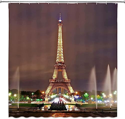 ENFETE Duschvorhang 180x200cm Eiffelturm Duschvorhang Antischimmel Wasserdicht Escenas Nocturnas Shower Curtains Geeignet für Badezimmer Badewanne mit 12 Kunststoffhaken von ENFETE