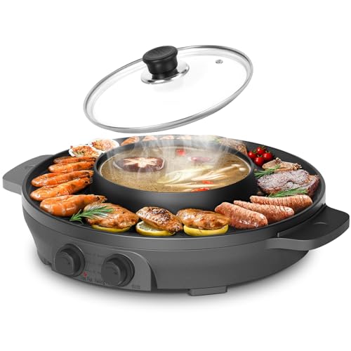 ENFRIFAM Hot Pot und Grill Elektrischer Hotpot topf 2000W Elektrogrill 2 in 1 Electric Hot Pot mit unabhängiger Temperaturregelung, Korean BBQ Grill Thai Barbecue Fondue Raclette XXL für 2-8 Personen von ENFRIFAM