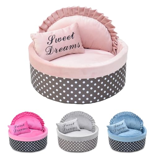 ENGEL WEMANG Hundebett mit Punkten, Schwammfüllung und fleecebezogen – warmes Katzenbett mit Kissen, weich und wärmend (Rosa, φ 40cm Gewicht unter 3,5 kg S) von ENGEL WEMANG