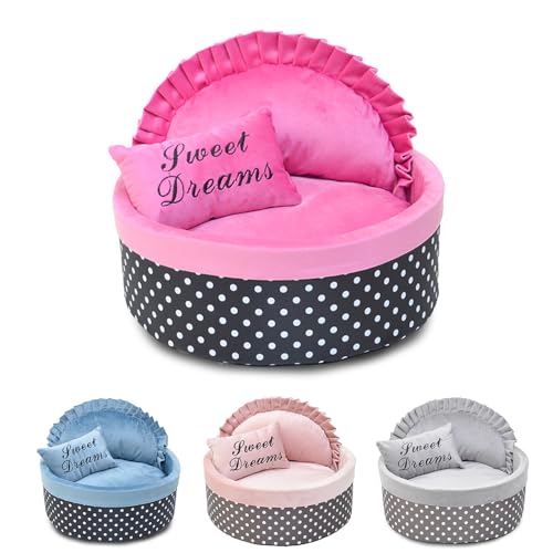 ENGEL WEMANG Hundebett mit Punkten, Schwammfüllung und fleecebezogen – warmes Katzenbett mit Kissen, weich und wärmend (Rosafarben, φ 40cm Gewicht unter 3,5 kg S) von ENGEL WEMANG
