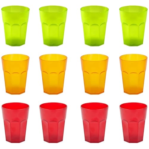 ENGELLAND - 12 x Plastikbecher, Trinkbecher, bunter Farbmix, Cocktailbecher, 400 ml, mit Eichstrich, stapelbar, Mehrweg, Kunststoff, Frostoptik, wiederverwendbar, Party-Becher, Trink-Glas von ENGELLAND