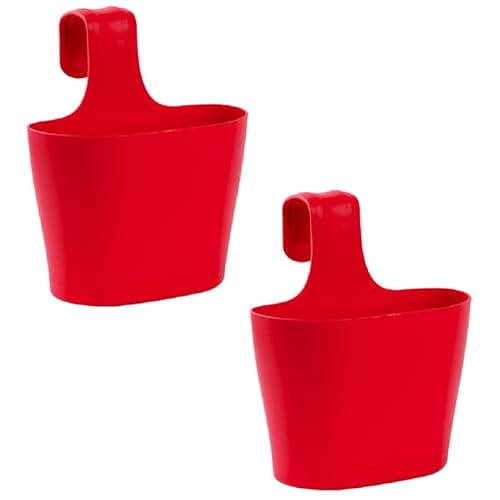 ENGELLAND 2 x Blumentopf zum Auf-Hängen, Geländertopf, Rot, Hängetopf, Balkon-Kasten, oval, Übertopf, Pflanzkasten, mit Wasserspeicher/Wasserauffangschale, 2,8 Liter von ENGELLAND