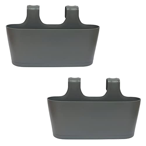 ENGELLAND 2 x Blumenkasten zum Auf-Hängen, Farbe: Anthrazit-Grau, Blumentopf, oval, Balkon, Übertopf, Pflanzkasten, mit Wasserspeicher/Wasserauffangschale von Engelland