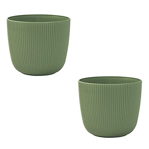 Engelland - 2 x Blumentopf mit Drainagesystem, Moos-Grün, Rillenoptik, Pflanz-Topf, Kübel, modern, widerstandsfähig, rund, wetterfest, Kunststoff, Ø 25 cm, 8 Liter von Engelland