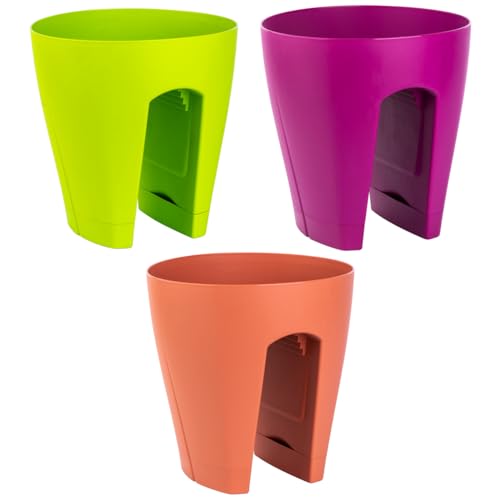 ENGELLAND 3 x Blumentopf für Balkon-Geländer, Farbmix: Grün, Lila, Rotbraun, Blumenkasten, Balkonkiste, 9 Liter, Kunststoff, Außenbereich, B Ø 29 x H 30 cm ENGELLAND 3 x Blumentopf für Balkon-Geländer, Farbmix: Grün, Lila, Rotbraun, Blumenkasten, Balkonkiste, 9 Liter, Kunststoff, Außenbereich, B Ø 29 x H 30 cm von ENGELLAND