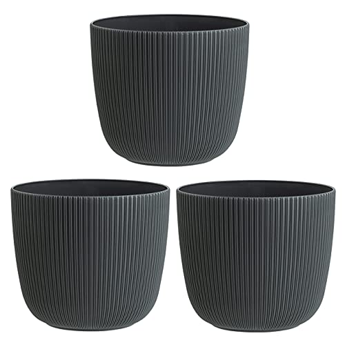 Engelland - 3 x Blumentopf mit Drainagesystem, Anthrazit-Grau, Rillenoptik, Pflanz-Topf, Kübel, modern, widerstandsfähig, rund, wetterfest, Kunststoff, Ø 21 cm, 5 Liter von Engelland