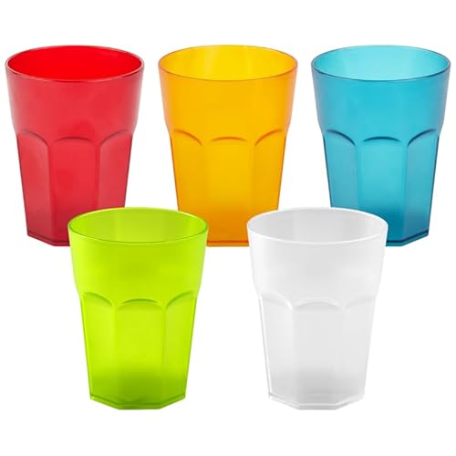 ENGELLAND - 5 x Plastikbecher, Trinkbecher, bunter Farbmix, Cocktailbecher, 400 ml, mit Eichstrich, stapelbar, Mehrweg, Kunststoff, Frostoptik, wiederverwendbar, Party-Becher, Trink-Glas von ENGELLAND