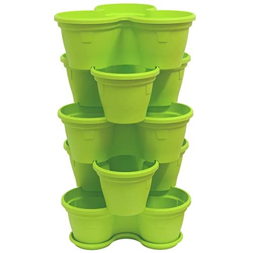 Engelland 5X Blumentopf, Säulentopf, Pflanzturm, Hochbeet, Pflanztopf-Kübel mit Untersetzer, stapelbar, widerstandsfähig, Kunststoff, für Außenbereich, 55 Liter, Farbe: Grün von Engelland