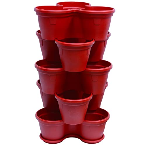 Engelland 5X Blumentopf, Säulentopf, Pflanzturm, Hochbeet, Pflanztopf-Kübel mit Untersetzer, stapelbar, widerstandsfähig, Kunststoff, für Außenbereich, 55 Liter, Farbe: Rot von Engelland