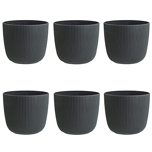 Engelland - 6 x Blumentopf mit Drainagesystem, Anthrazit-Grau, Rillenoptik, Pflanz-Topf, Kübel, modern, widerstandsfähig, rund, wetterfest, Kunststoff, Ø 15 cm, 1,8 Liter von Engelland