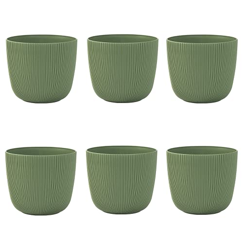 Engelland - 6 x Blumentopf mit Drainagesystem, Moos-Grün, Rillenoptik, Pflanz-Topf, Kübel, modern, widerstandsfähig, rund, wetterfest, Kunststoff, Ø 12 cm, 0,9 Liter von Engelland