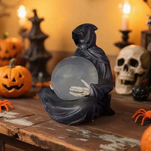 ENGFGH Beleuchtete Kristallkugel des Todesgottes - Sensenmann Statue Mit Fliegenden Fledermäusen Halloween-Deko Dekor-Statue Gothic Gruselige Gruselige Skulptur für Bücherregal von ENGFGH