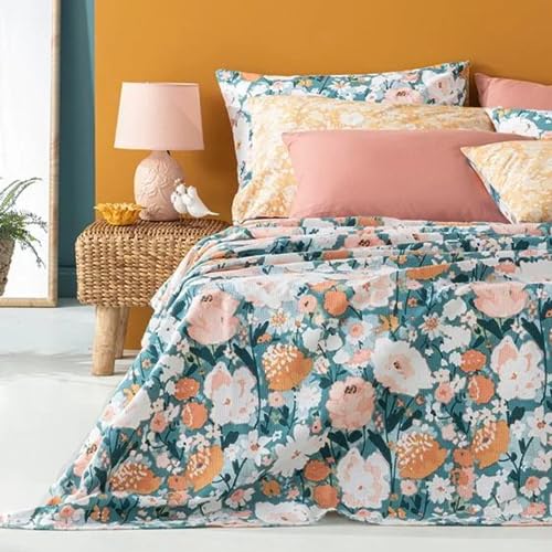 ENGLISH HOME Bettüberwurf aus Baumwolle, Atmungsaktiv, Gesteppt, Florale Tagesdecke, Leichte Überwürfe, Tagesdecke für Bett, Couch, Sofa, Camellia, 150x220 cm, Grün - Orange von ENGLISH HOME