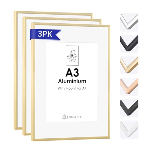 ENGLORY A3 Bilderrahmen Gold Metall Dünner Rahmen 3er-Set mit Perspex-Vorderseite für Wandhalterung, 29,7 x 42 cm Gold Bilderrahmen für Zertifikat-Poster-Wanddekoration ENGLORY A3 Bilderrahmen Gold Metall Dünner Rahmen 3er-Set mit Perspex-Vorderseite für Wandhalterung, 29,7 x 42 cm Gold Bilderrahmen für Zertifikat-Poster-Wanddekoration von ENGLORY