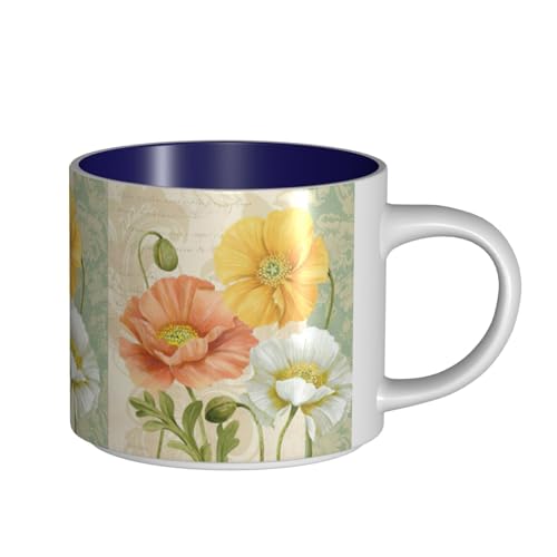 ENGhjes Keramikbecher mit großem Fassungsvermögen in Pastell-Mohnblumen-Design, funktionale Tassen für Zuhause, Büro, schlankes Design, bequemer Griff von ENGhjes