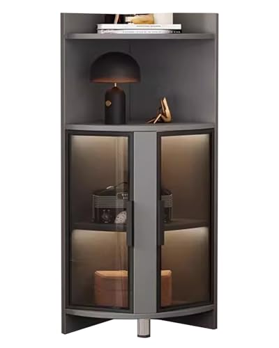 ENHEN Glasvitrine Eckvitrine mit Gebogenem Design für Kleine Räume, 47-Zoll-Bücherregal mit Tür Aus Gehärtetem Glas, LED-Lichtleiste und Spirituosenvitrine(Grey+Black) von ENHEN