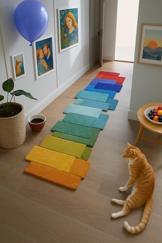 ENIGMA RUGS AND CARPETS Regenbogen-Wollläufer – handgefertigter farbenfroher Farbverlaufsteppich mit unregelmäßigem geometrischem Blockmuster – Wollläufer für Wohnzimmer, Schlafzimmer, Küche und von ENIGMA RUGS AND CARPETS