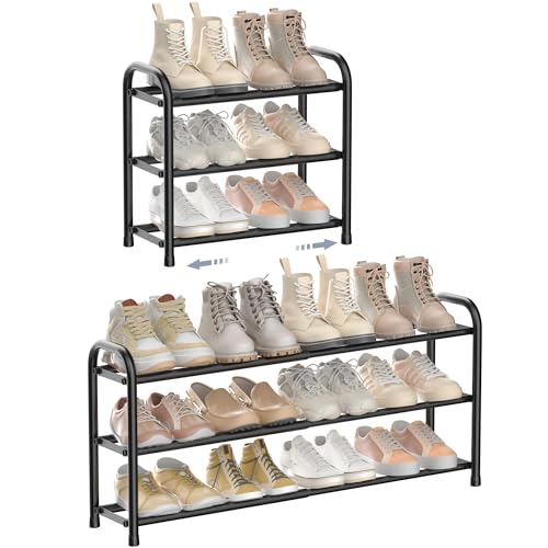 ENJOYBASICS Expandable Schuhregal, 3 Ebenen Adjustable Metall Schuhaufbewahrung 45 to 83cm, Schwarz Schuhregal Platzsparend für Diele, Flur von ENJOYBASICS