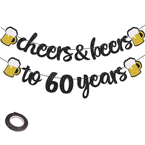 ENLACE Girlande 60 Geburtstag Deko Mann Frauen Glitzerbanner,60. Geburtstag Girlande Schwarz Gold Banner,Cheers to 60 Years Girlande Deko zum 60 Geburtstag,60 Jahr Geburtstagdeko Banner Partyzubehör von ENLACE