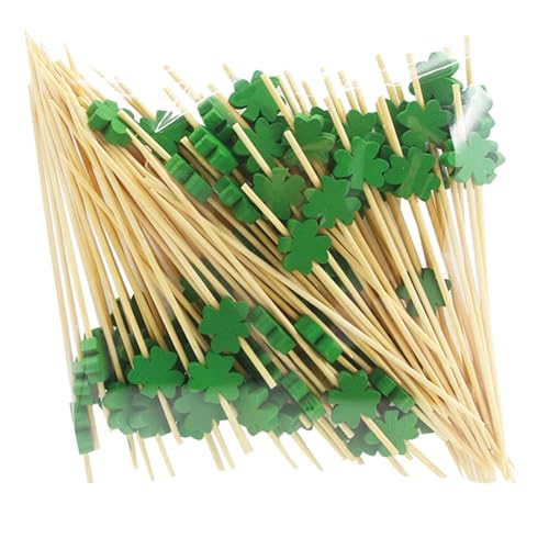 ENLACE Glück Kleeblatt Cocktailspieße 100 Stück Fingerfood Spieße 12cm,St. Patrick's Day Cocktail Deko,Holzspieße Obstspieße,Holz Zahnstocher Partypicker,Burger Spieße Cocktail Sticks von ENLACE