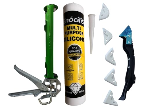 EnòciliS Robuste Kartuschenpistole + 1 EnòciliS Silikon-Dichtstoff + Abdichtungswerkzeug + Verpackung in Profi-Box, 310 ml Fassungsvermögen, Aluminiumgriff, professioneller Dichtstoffapplikator von ENÓCILIS MULTI PURPOSE SILICONE