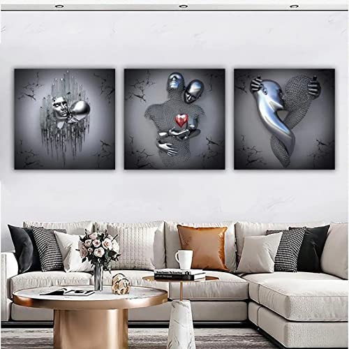 3PCS Graue Leinwand Kunst Wand Set Modernes Poster, Liebe 3D Effekt Paar Dekoration mit Rahmen, Verwendet für Wohndekoration, Schlafzimmer und Büro Dekoration (Size : 50 * 50CM) von ENODS