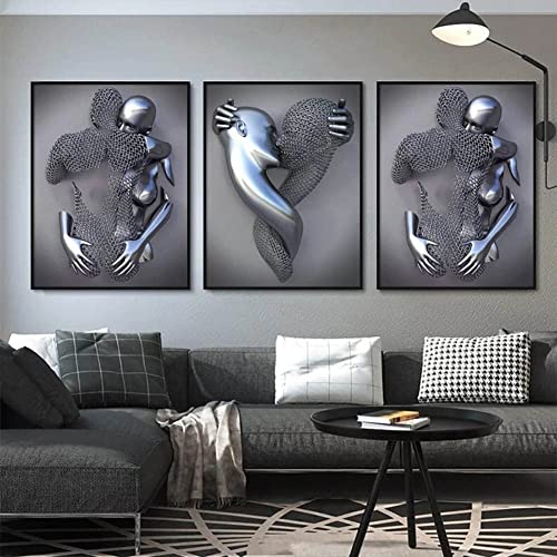 ENODS Liebe Herz 3D-Effekt Wandkunst, 3 Stück HD-Druck Leinwand Malerei Kern mit DIY-Rahmen, Abstrakte Metallfigur Skulptur Leinwand, Paar Hängende Malerei, Home Art Style Dekor (Size : 20 * 30cm) von ENODS