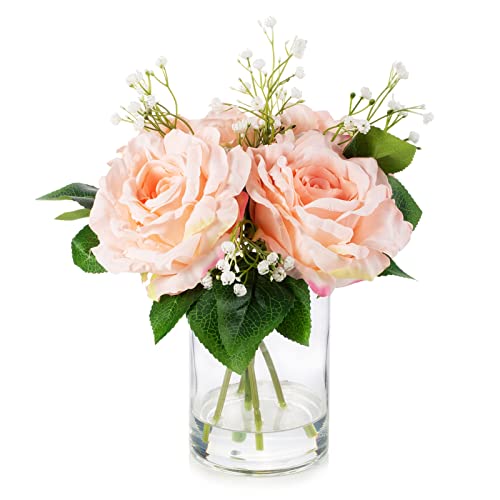 ENOVA FLORAL Große Seidenrose Künstliche Blumen in Vase, Rosa Rose Faux Blumen Arrangement in Runde Schüssel Vase mit Kunstwasser für Zuhause Tischdekoration (Rosa) von ENOVA FLORAL