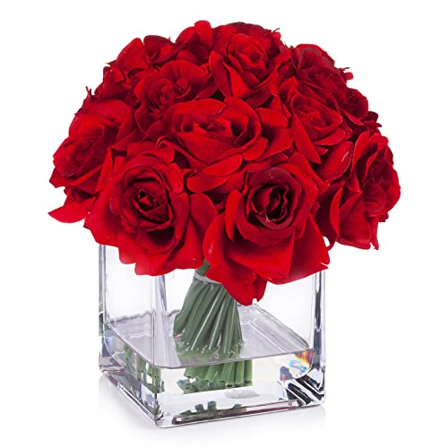 Enova Floral 18 Stück Rote Rose Künstliche Blumen in Vase, Blumenarrangements Künstlich mit Vase und Kunstwasser für Hochzeit, Heimdekoration Indoor (Rot) von ENOVA FLORAL