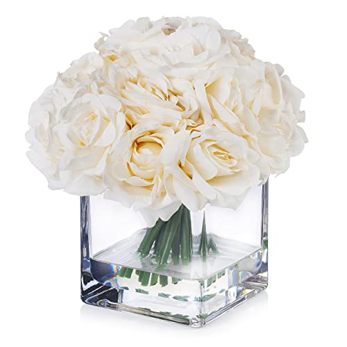 Enova Floral Künstliche Rosen in Vase, künstliche Blumenarrangements in Vase mit Kunstwasser für Esstischdekoration, Heimdekoration (cremefarben), 18 Stück von ENOVA FLORAL