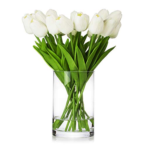 ENOVA HOME 20 Stück künstliche Tulpen in Glasvase mit Kunstwasser für Heimdekoration (weiß) von ENOVA HOME