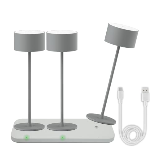 ENOVALITE 3x LED Akku Tischlampe kabellos mit Ladestation und Touch, Dimmbar, Warmweiß Neutralweiß Kaltweiß einstellbar - IP44 Tischleuchte Outdoor wiederaufladbar, Nachttischlampe, grau von ENOVALITE