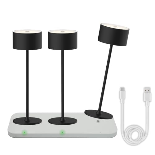 ENOVALITE 3x LED Akku Tischlampe kabellos mit Ladestation und Touch, Dimmbar, Warmweiß Neutralweiß Kaltweiß einstellbar - IP44 Tischleuchte Outdoor wiederaufladbar, Nachttischlampe, schwarz von ENOVALITE