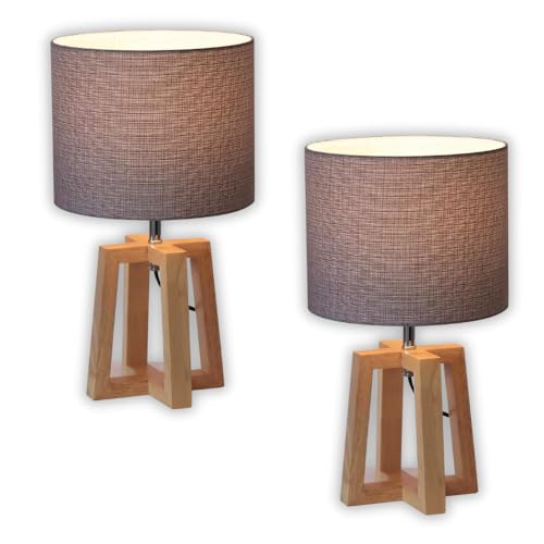 ENOVALITE - Moderne Tischleuchte mit Holzgestell und Stoffschirm - ø25x44cm Höhe - E27 Fassung - Tischlampe Nachttisch Wohnzimmer Fensterbank (2 Stück) von ENOVALITE