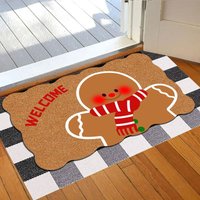 Weihnachtsfußmatte mit Lebkuchenhaus-Motiv, rutschfeste Kokosfaser-Fußmatte, rot-weißes Buffalo-Karomuster, perfekt zum Dekorieren von Veranda oder Weihnachtsfußmatte mit Lebkuchenhaus-Motiv, rutschfeste Kokosfaser-Fußmatte, rot-weißes Buffalo-Karomuster, perfekt zum Dekorieren von Veranda oder von ENOWELIR