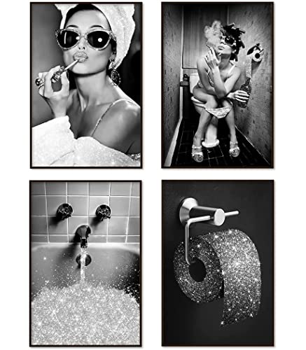 ENROR Badezimmer Bilder Set,4 Teilig Schwarz-weiß Leinwand Bild Moderne Mode Frauen, Lustige Badezimmer-Wandkunst Poster (20X30CMX4 Ohne Rahmen) von ENROR