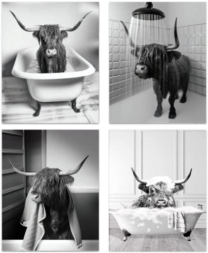 ENROR Badezimmer Bilder Set,4 Teilig Schwarz weiß Leinwand Kunstdrucke Kuh Bild, Moderne Lustige Toilette Poster,Ohne Rahmen (20X30cmx4) von ENROR