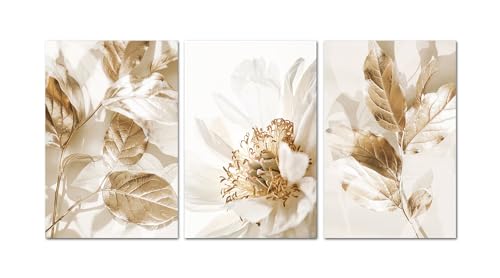Leinwand Bilder Wohnzimmer，Weiß Blume Gold Blätter Modern Poster Kunst Wand ，3er Bilder Set für Schlafzimmer，ohne Rahmen (50x70cm) von ENROR